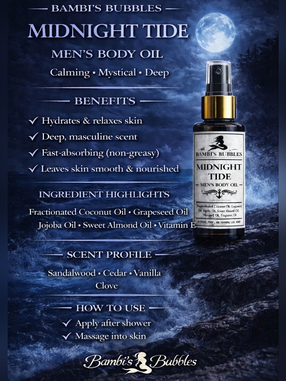 Midnight Tide Bambi’s Bubbles Men’s Body Oil 2oz